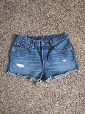Levis 501 Blue Distressed High Short 30 Womens Button Fly